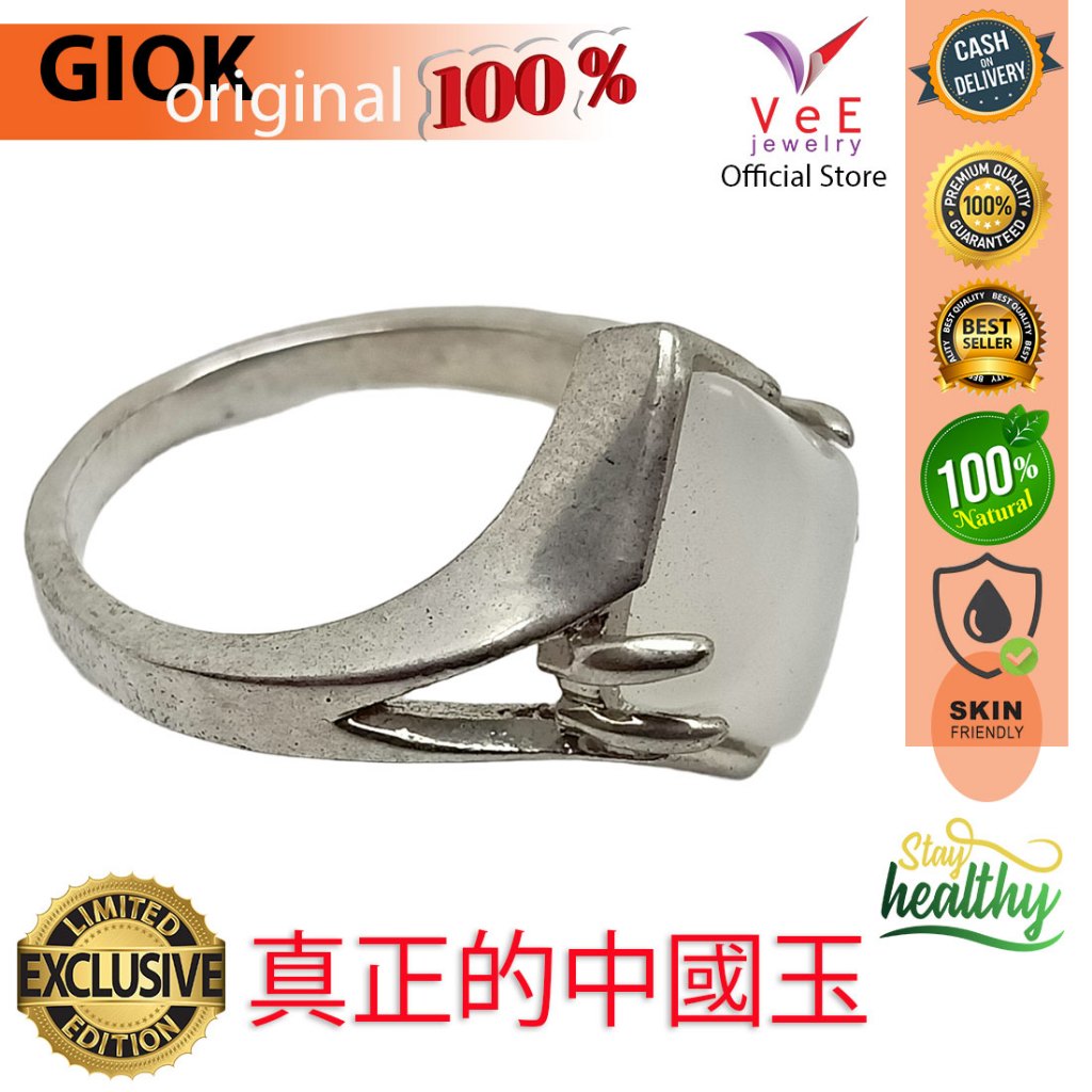 Cincin Wanita Batu Giok Putih Susu Natural Alami Asli Cina Sterling Silver Model 6 - VeE Jewelry Cin