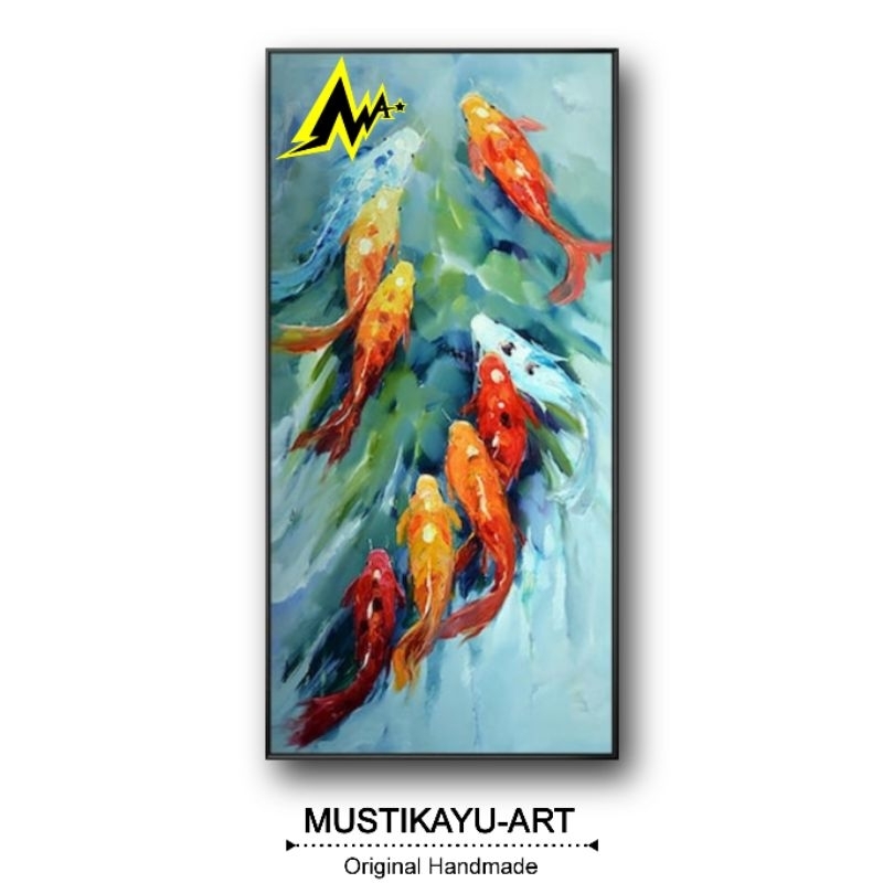 Lukisan kanvas abstrak modern ikan koi 60x120 cm frame dekorasi dinding