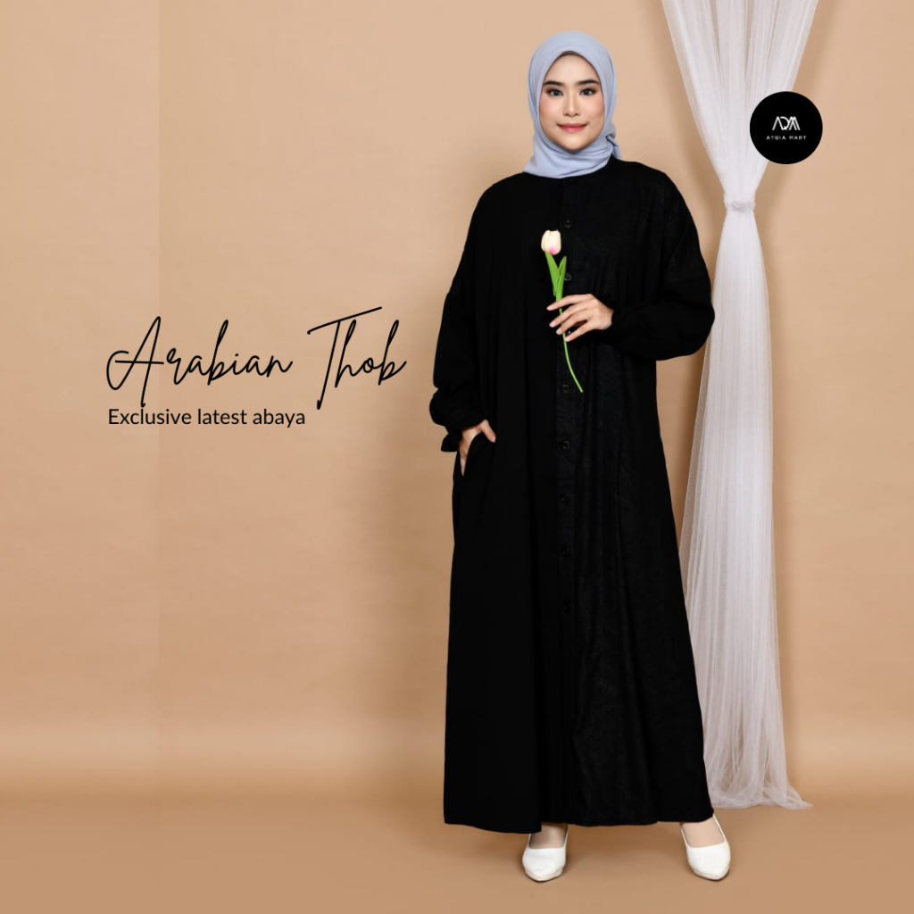 Atqia_Mart - Dress Abaya Hitam Kombinasi Full Kancing Gamis Black Embos Premium
