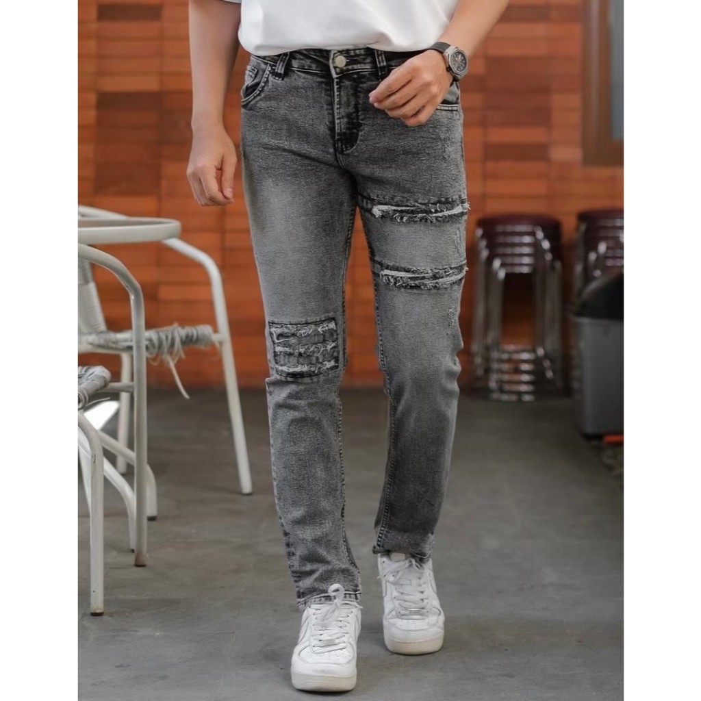 Celana Jeans Pria Sobek Lutut Motif III Ripped Jeans VLG Denim Premium Snow Black