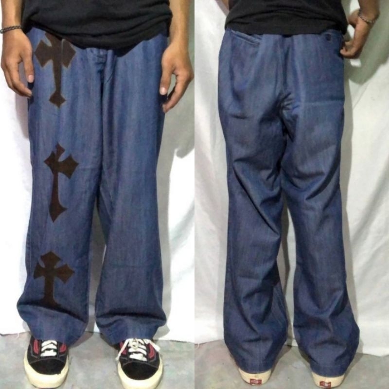 Celana Panjang Longpants Jeans Blue Washed Baggy Custom Cross Chrome Hearts Second Preloved #CJ537