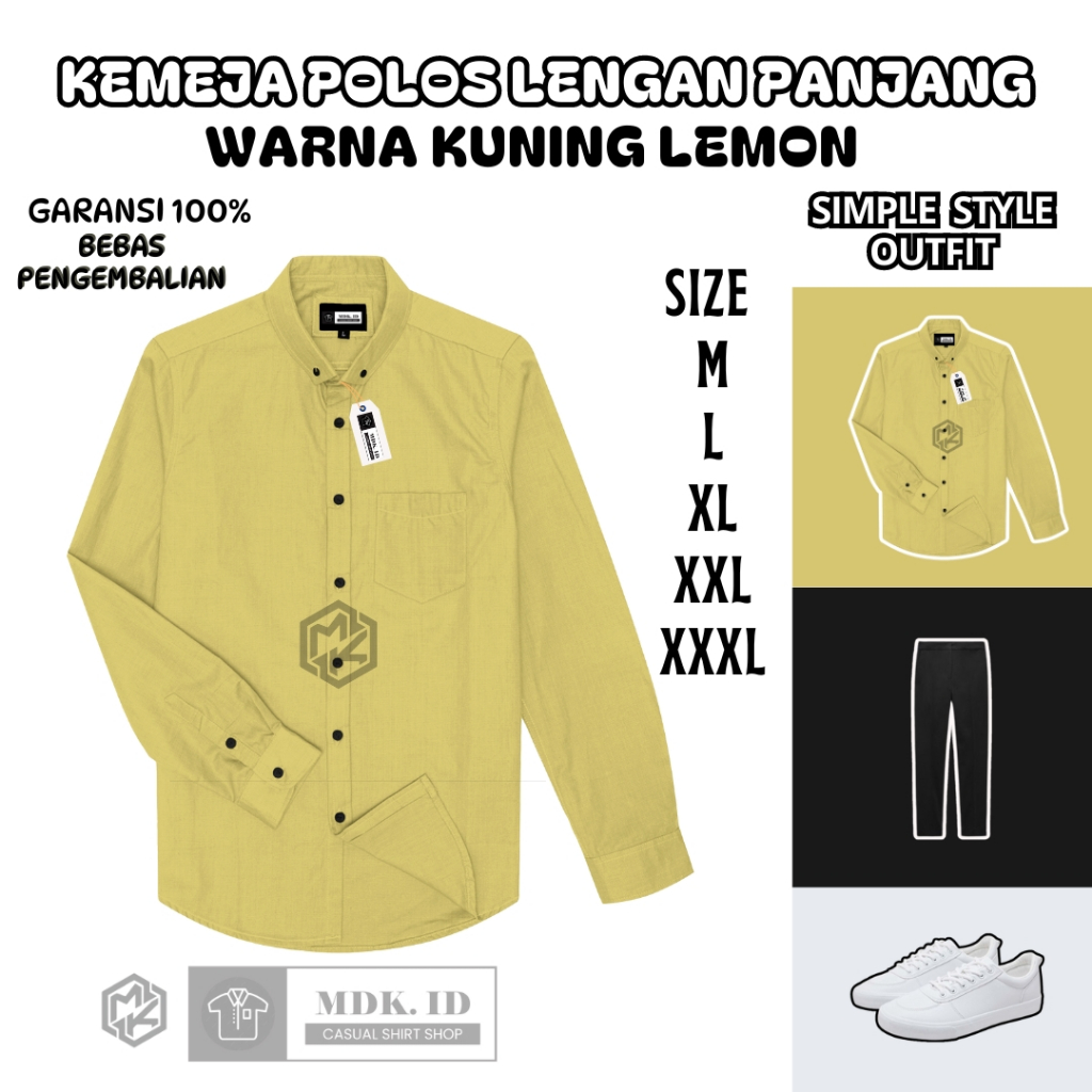 MDX.ID Kemeja pria lengan panjang polos warna lime kuning lemon casual slimfit hem pria