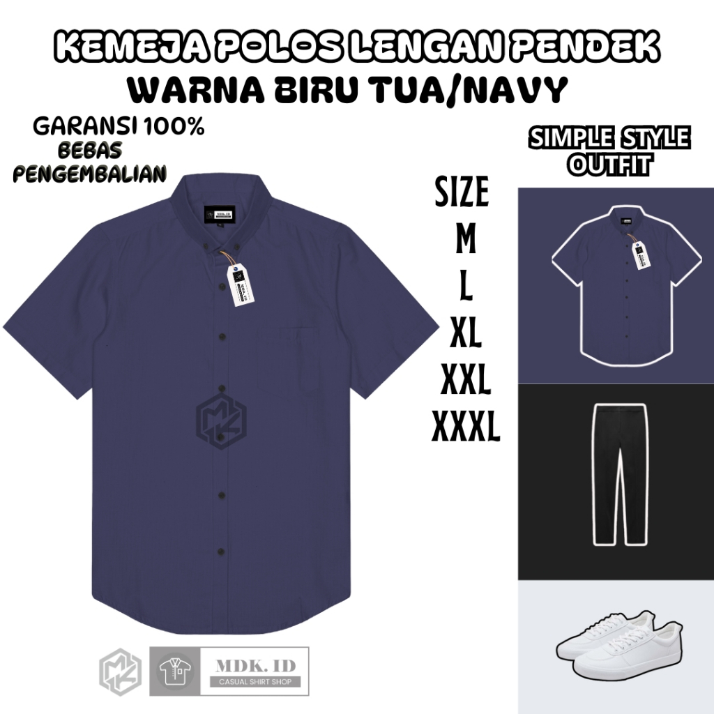 MDX.ID Kemeja pria lengan pendek polos warna biru tua navy casual slimfit hem pria katun