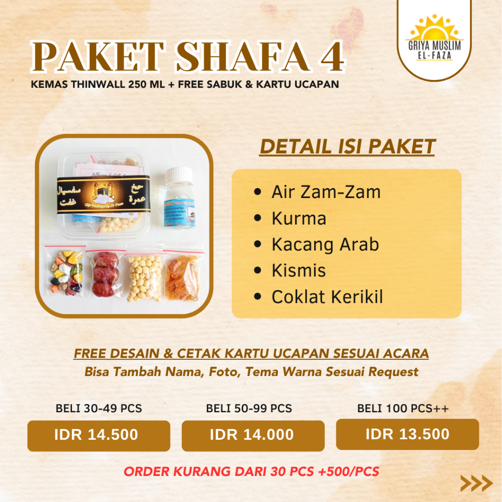 PAKET SHAFA 4 Kemas Thinwall | Snack Arab | Oleh-Oleh Haji | Oleh-Oleh Umroh | Air Zam Zam | Kurma |