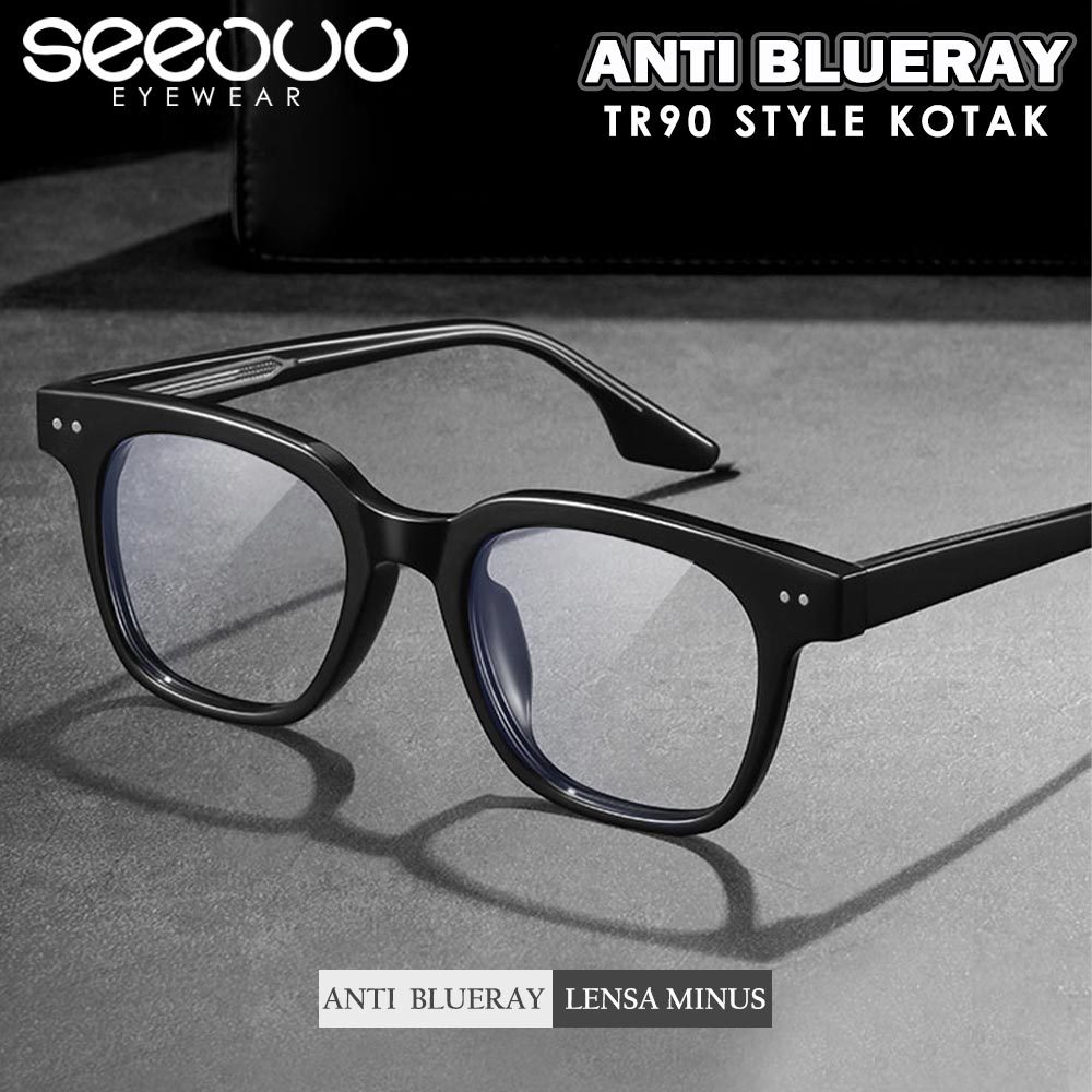 Seeouo Kacamata Antiradiasi Blueray Bentuk Kotak Fashionable Bahan TR90 Lentur Bisa Minus Style Pria