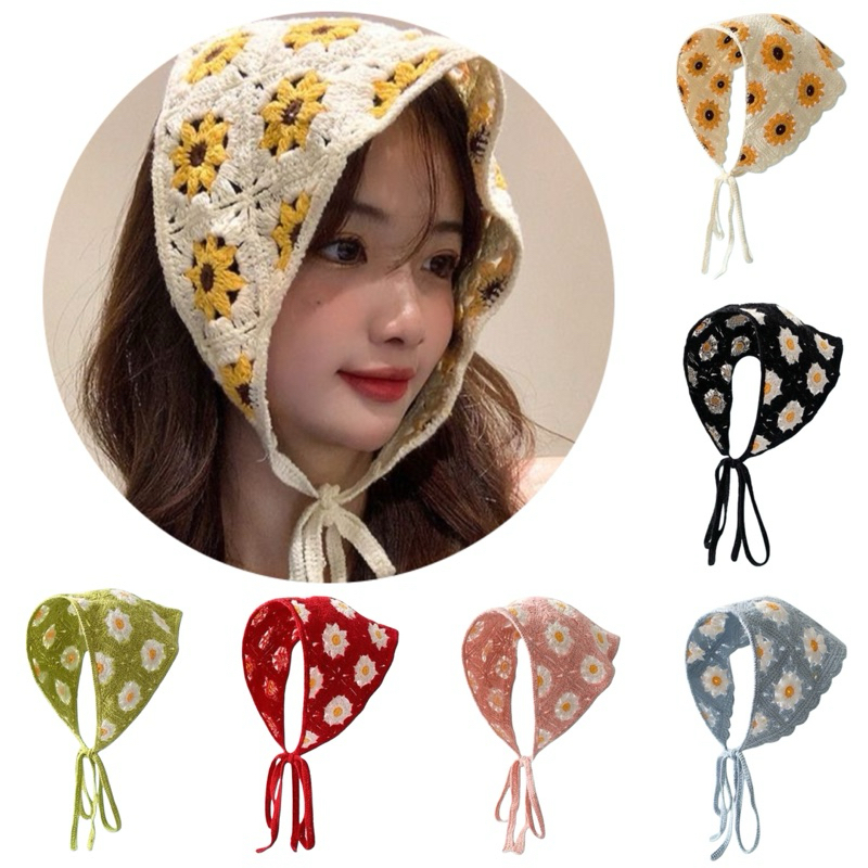 Pevita Daisy Triangle Knitted Headband Bandana Segitiga Rajut Knit Bunga Daisy Crochet Coquette Band
