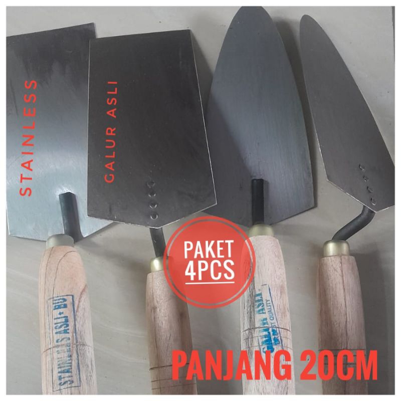 Cetok Galur Stainless Asli kotak dan Lancip Sendok semen bahan Baja Asli Sendok Bangunan 4pcs