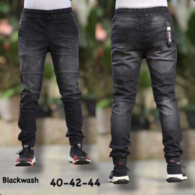 (JOGER JEANS JUMBO) CELANA JOGER JEANS BLACK WASH PRIA PANJANG JUMBO | CELANA JEANS JOGER UKURAN JUM