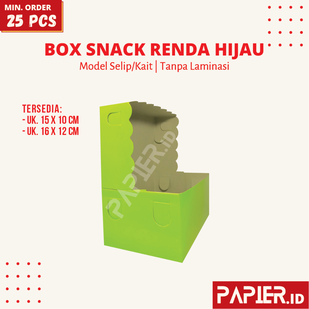 

Box Snack Renda Warna Hijau uk. 15x12 , 16x12 Tebal 310gr Tanpa Laminasi / Dus Kue Kotak Makanan Model GS 10x15 , 12x16