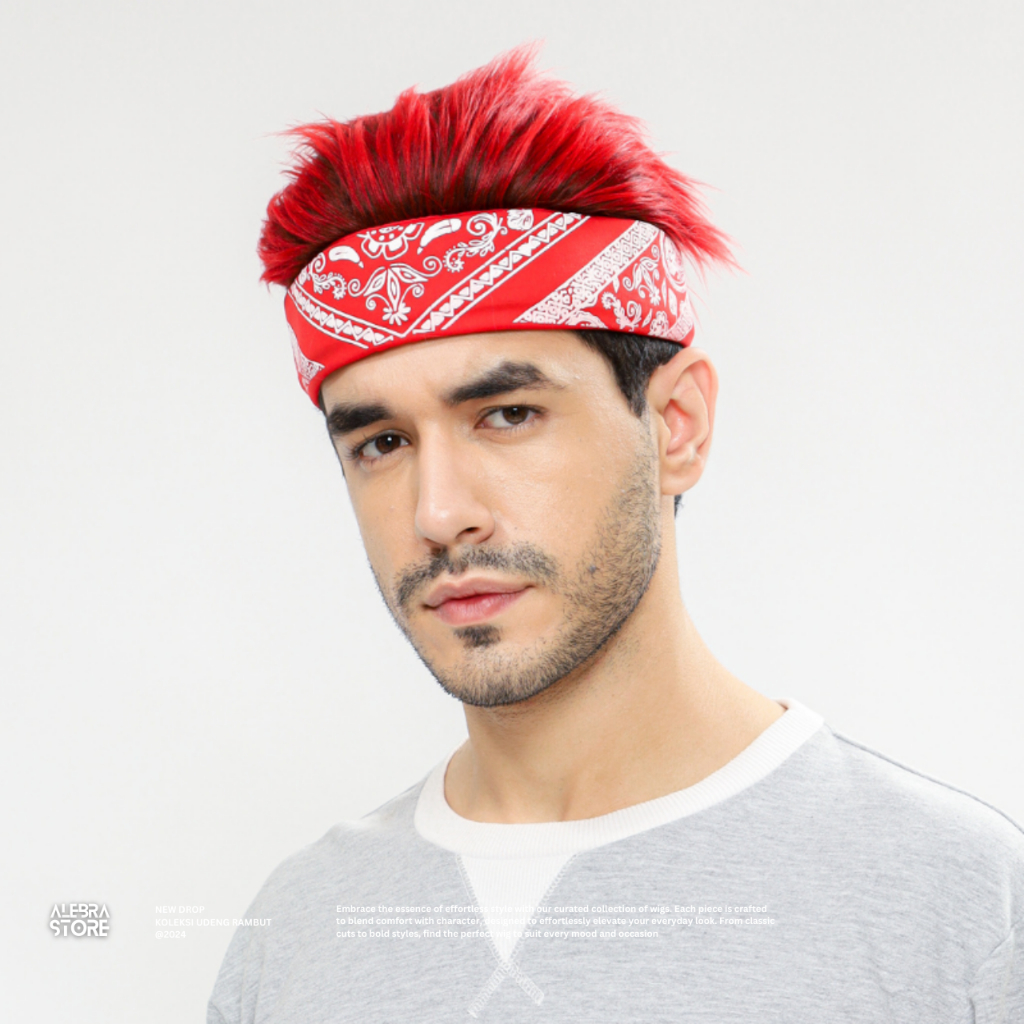Topi Rambut Palsu Wig Pria Motif Paisley - Hitam Merah