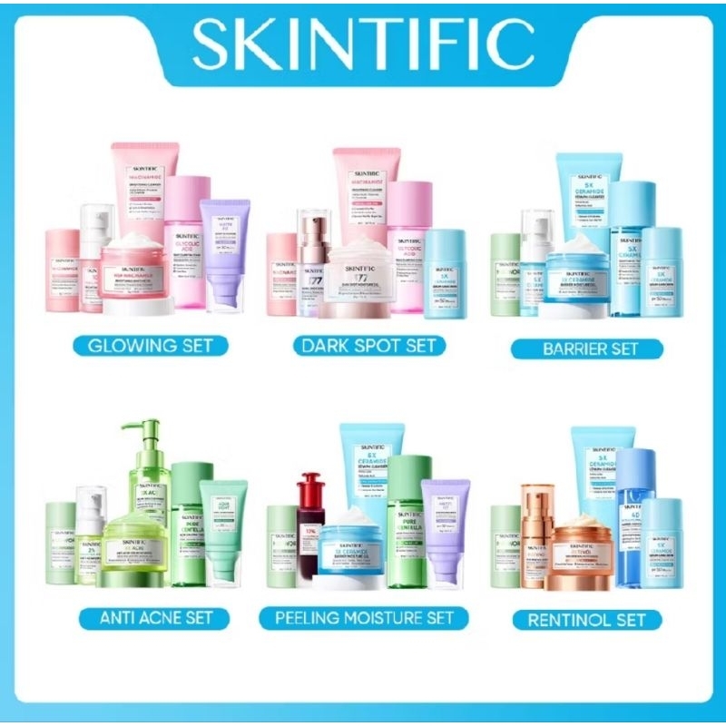 SKINTIFIC-6Pcs Paket-Skincare Set | Serum Moisturizer Gel Toner Sunscreen Cleansing Mousse | Glowing