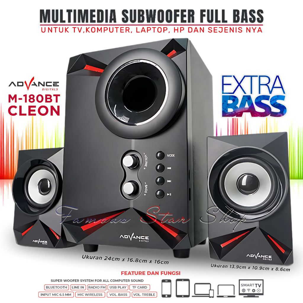 Speaker Bluetooth Bass Multimedia Aktif Super Bass ADVANCE M-180BT CLEON (3pc Speaker) Salon Aktif /
