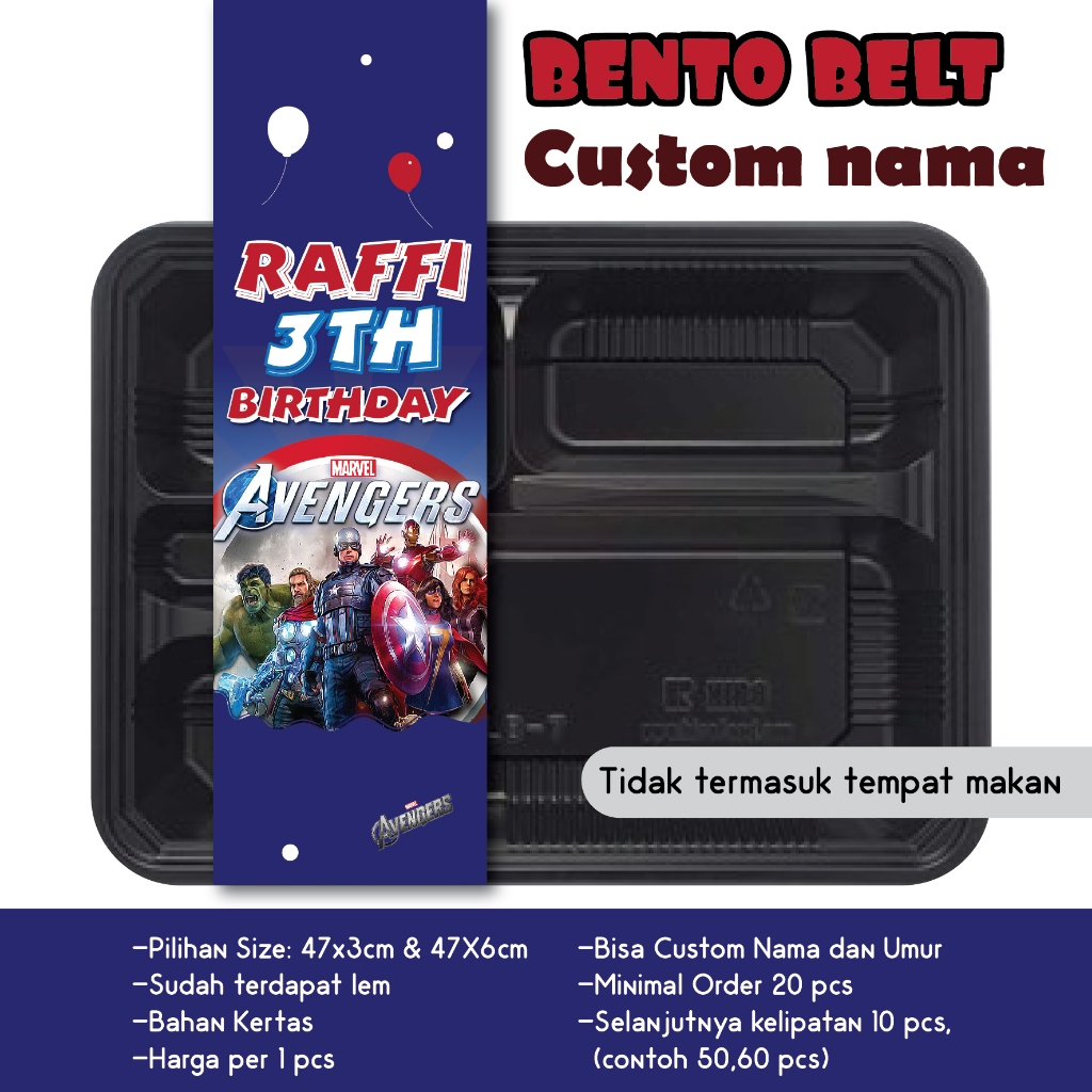 

BENTO BELT AVENGERS SPIDERMAN IRONMAN CAPTAIN AMERICA HULK PAPER BELT AVENGER MARVEL BENTO BELT CUSTOM NAMA ULANG TAHUN HAPPY BIRTHDAY ULTAH HBD KERTAS UCAPAN STIKER SLINGER TEMPELAN NASI KOTAK MAINAN GAMBAR