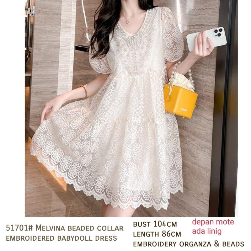 51701 Baju minidresss MELVINA BEADED COLLAR EMBROIDERED BABYDOLL VNECK LACE BROKAT DRESS premium Kor