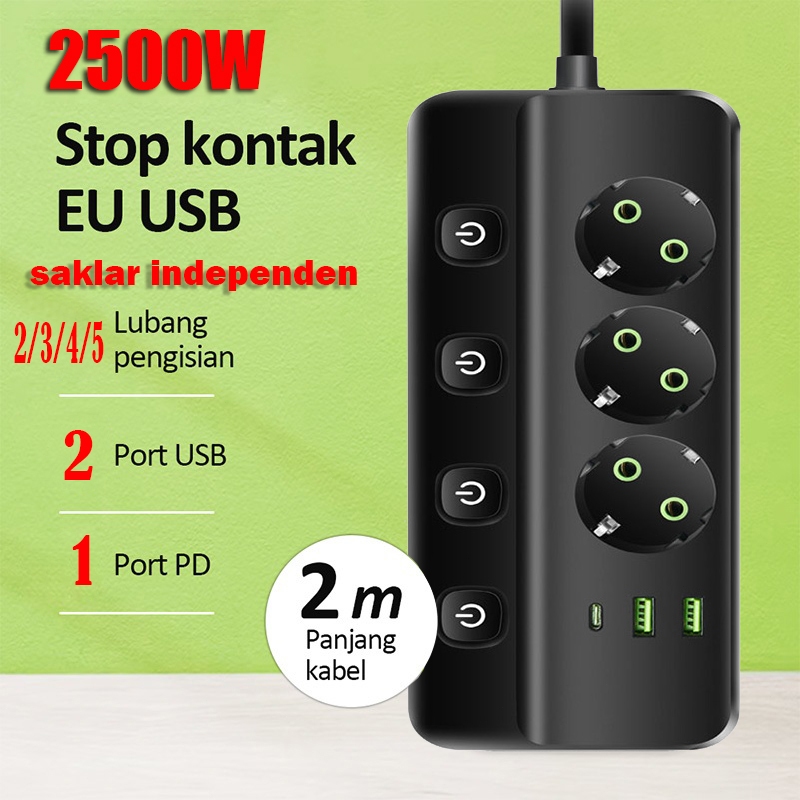 2500W Stop Kontak USB Kabel Serbaguna Multiguna Panjang 2/3/5 Meter Original Power Socket 2/3/4/5 Co