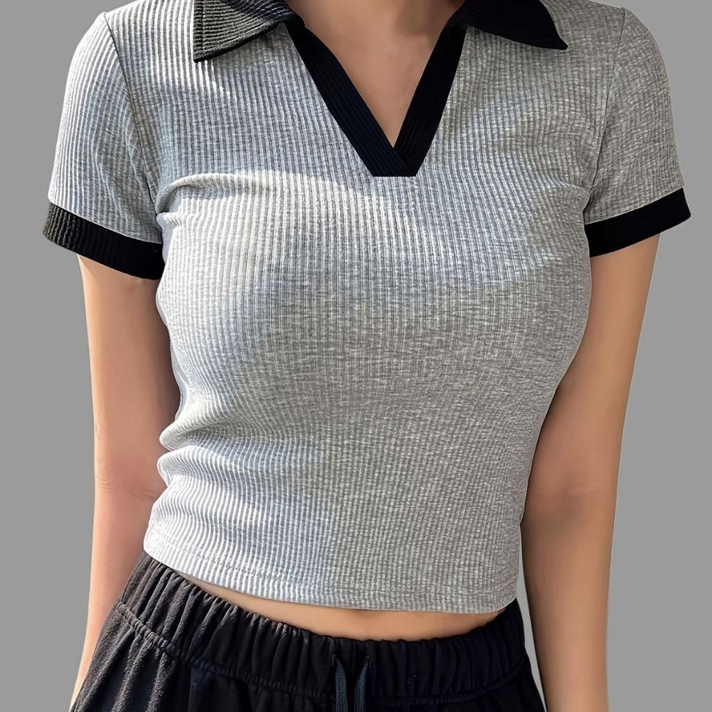 OURA CROP TOP WANITA KERAH KOMBINASI | KAOS WANITA KERAH BENTUK V | KAOS WANITA KEKINIAN