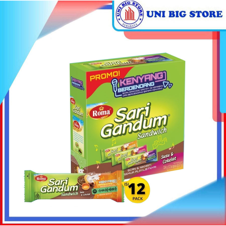 

Roma Sari Gandum Biskuit Susu Cokelat 38.5 gr x 12 pcs BOX Coklat Sandwich