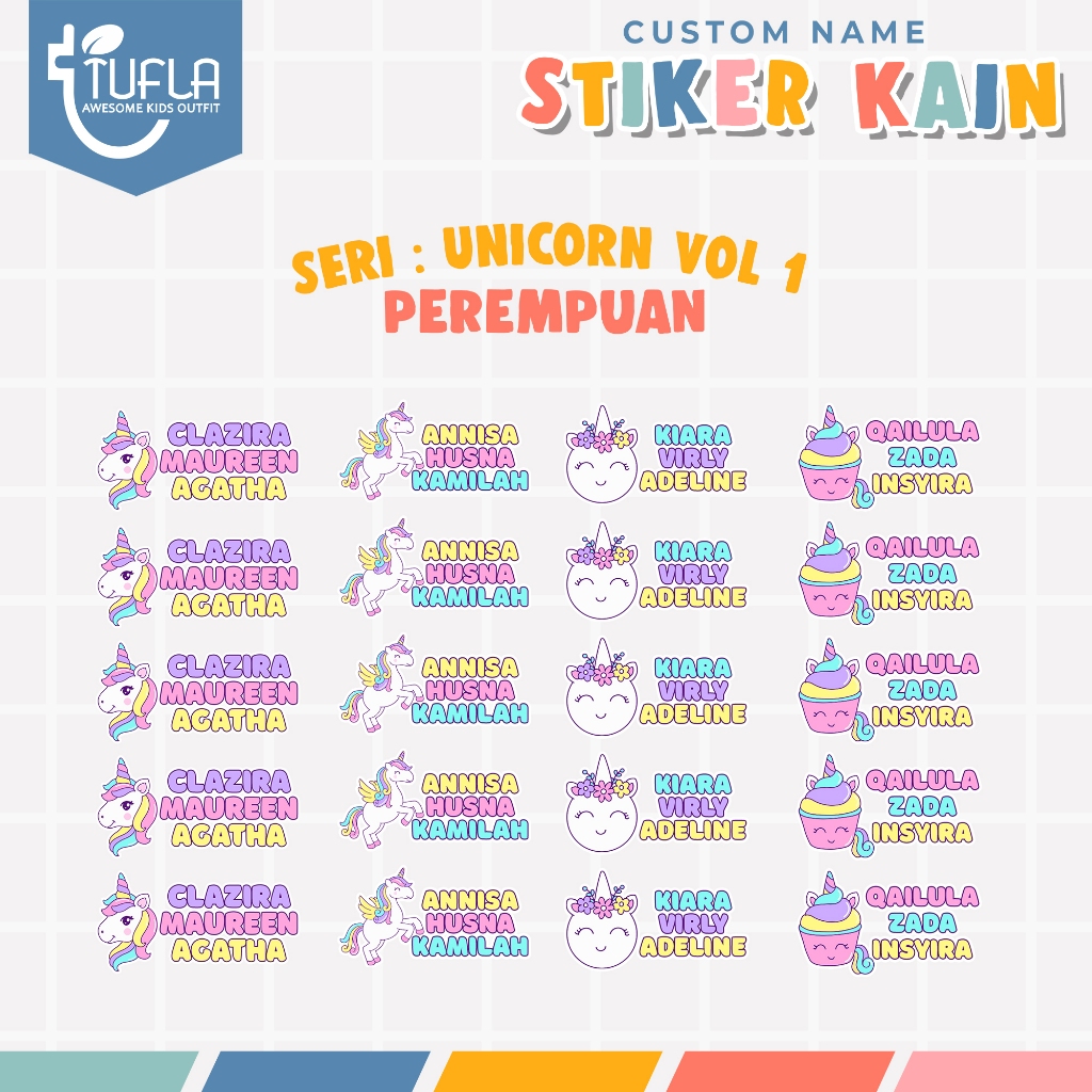 

[ISI 48-96pcs] Stiker Custom Nama Baju Kain Anak Setrika Label Seragam Sekolah - Unicorn Vol 1