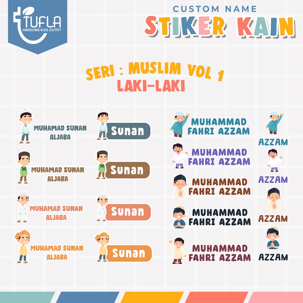 

[ISI 44-94pcs] Stiker Custom Nama Baju Kain Anak Setrika Label Seragam Sekolah - Seri Muslim Laki-laki 1
