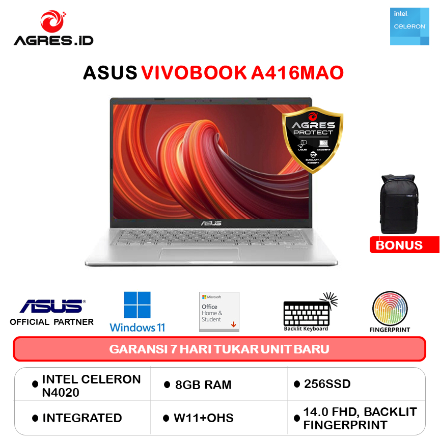 ASUS VIVOBOOK 14 A416MAO FHD428 N4020 8GB 256GB 512GB W11+OHS 14.0FHD BLIT GRY