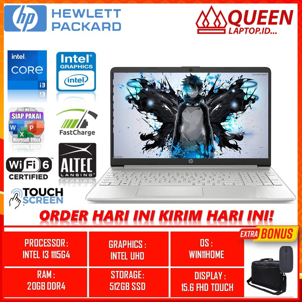 Laptop HP 15s Touchscreen Prosesor Intel Core I3 1115G4 Ram 20GB SSD 512GB 15.6 inch Fhd Win11home T