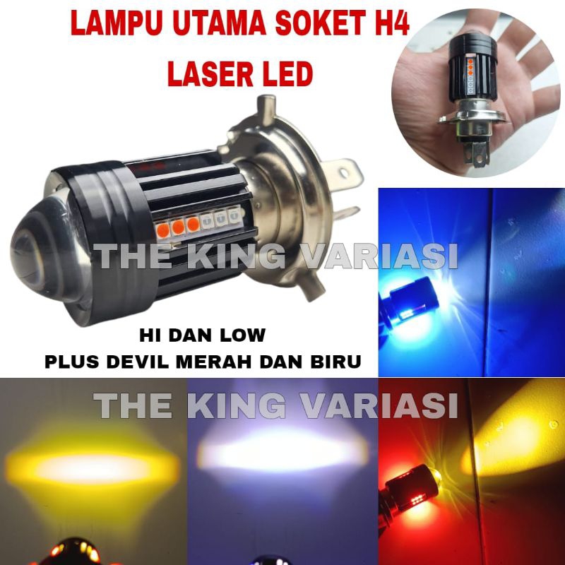 LAMPU UTAMA SOKET H4 LASER LED PLUS SENJA DEVIL MERAH BIRU / LAMPU DEPAN H4 LASER LED DEVIL / LAMPU 
