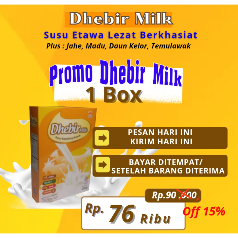

Promo 1 Box DHEBIR MILK (200 g), Susu Bubuk Kambing Etawa Plus Madu Lezat dan Berkhasiat