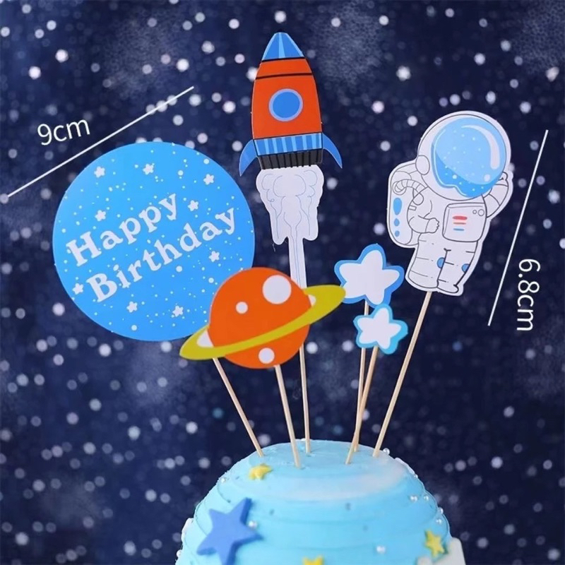 Cake topper kertas tema luar angkasa galaksi galaxy astronot astronout roket rocket ufo planet tata 
