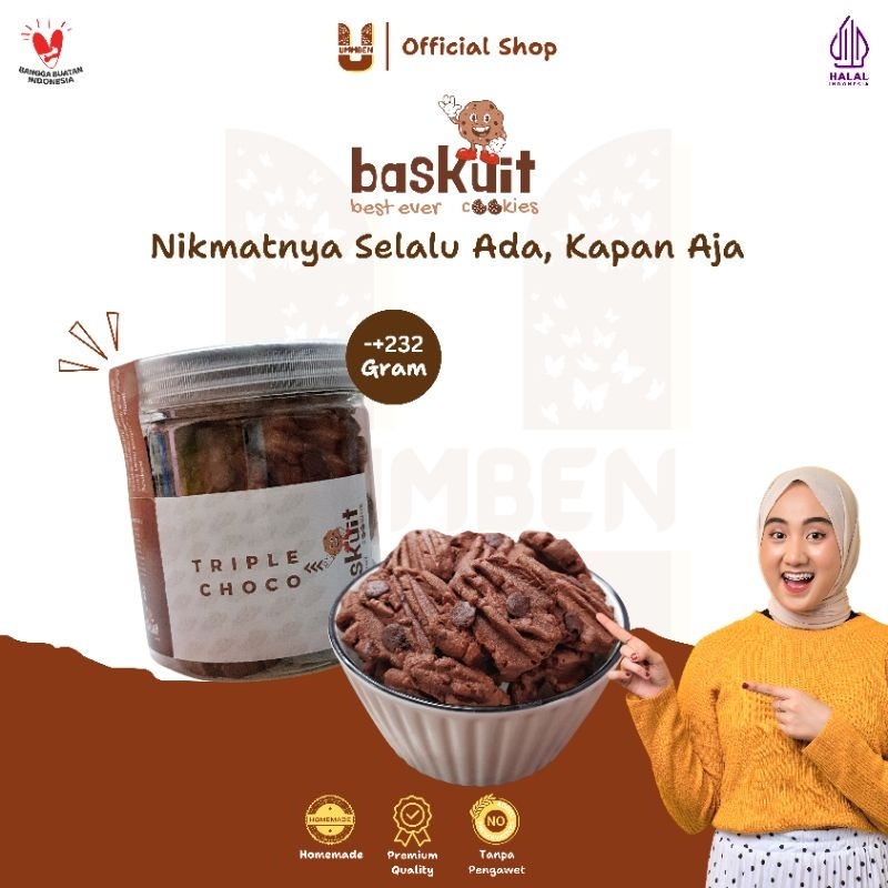 

BASKUIT Ummben Cookies Triple Choco Toples 232g Cemilan Kue Kering Lebaran Natal Homemade Premium Halal