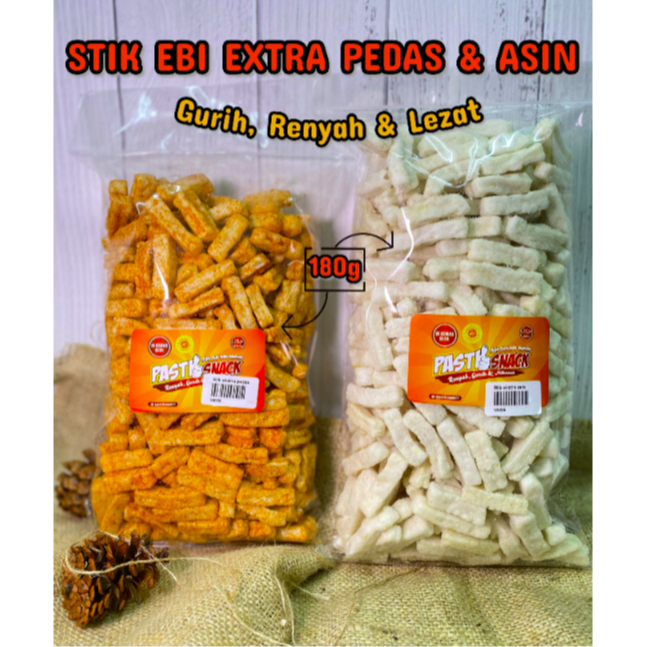 

SNACK / CEMILAN STIK EBI EXTRA PEDAS | STIK EBI EXTRA ASIN 180GR CEMILAN MURAH PASTI SNACK!