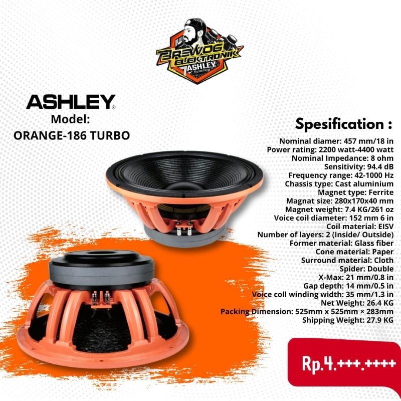 Speaker ASHLEY Coil 6" KELAS PREMIUM DOUBLE MAGNET 18" ORANGE186TURBO LIMIT EDITION