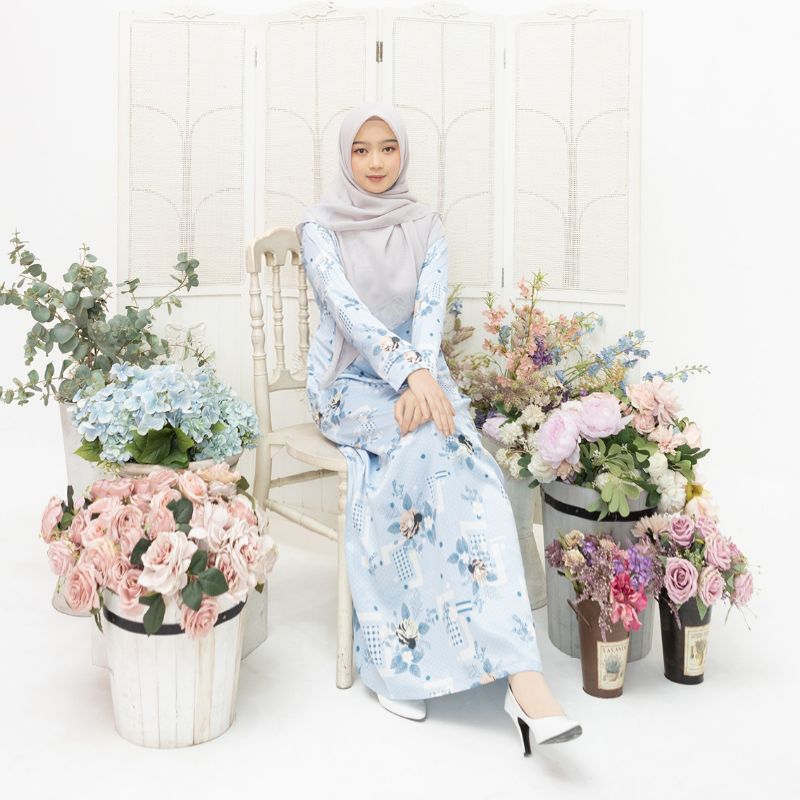 Elliza Official - Nazwa Dress Bahan Dior Silk Print Warna Blue Gamis Homedress Busui Size S - XL Rem