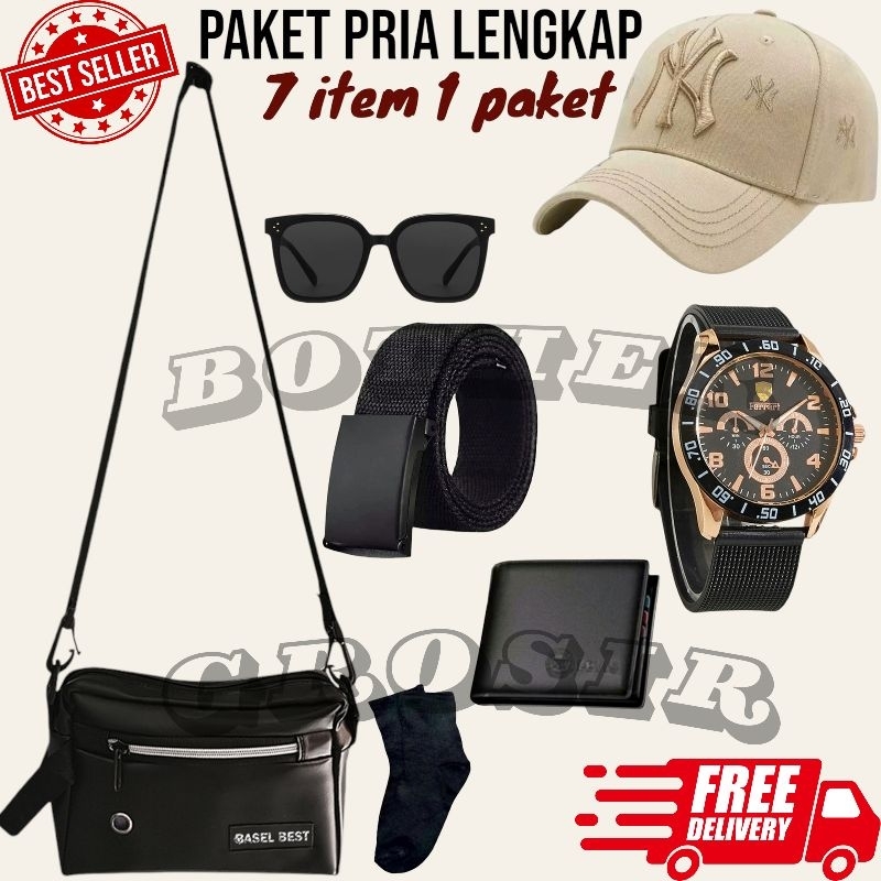 (PROMO STAR PAKET COMBO BESTELLER TERBARU) 7 In 1/Jam Tangan Pria Keren Gratis Tas Selempang,Topi Di