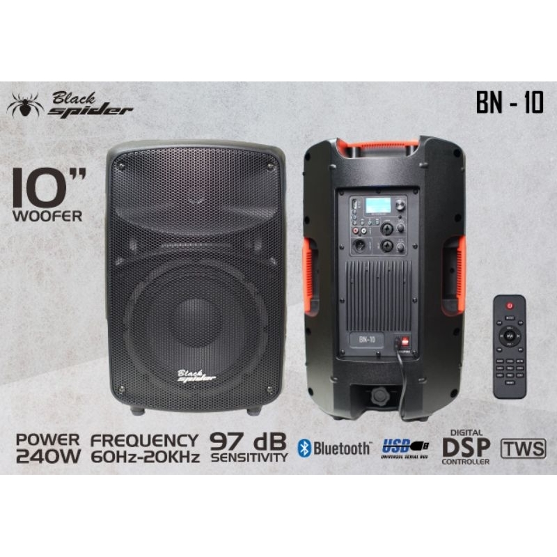 SPEAKER AKTIF BLACK SPIDER BN-10 WOOFER SPEAKER 10 INCH BLUETOOTH,USB,DSP 97DB HARGA UNTUK 1 UNIT SP