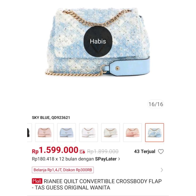 Guess Rianee sequinned mini sky blue crossbody bag - Guess tweed denim- Guess sling shoulder bag ori