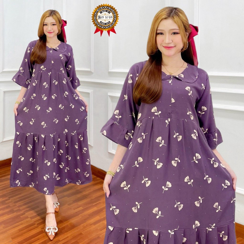 Binsion - Selly Dress Midi Wanita Bahan Rayon Grade A Resleting Depan Aktif - Dress Wanita Motif Bun