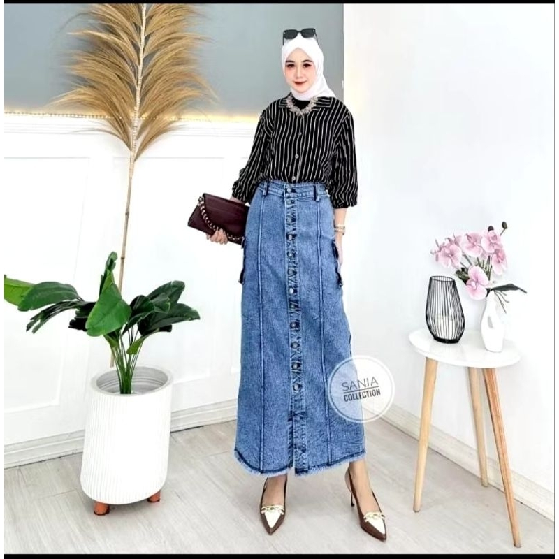 ROK SPAN jeans premium kancing aktif strech Bawahan ORI SANIA CARGO