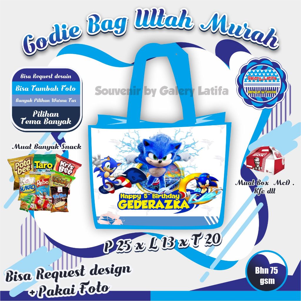 

Godie Bag Ultah / Tas Ultah Custom Desain Dan Tmbah Foto Tema SONIC