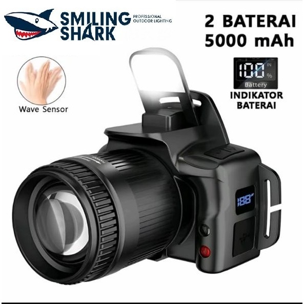 SENTER KEPALA CAS SMILING SHARK TD-0179 - 6 MODE CAHAYA - SUPER TERANG - SENSOR - DIGITAL DISPLAY