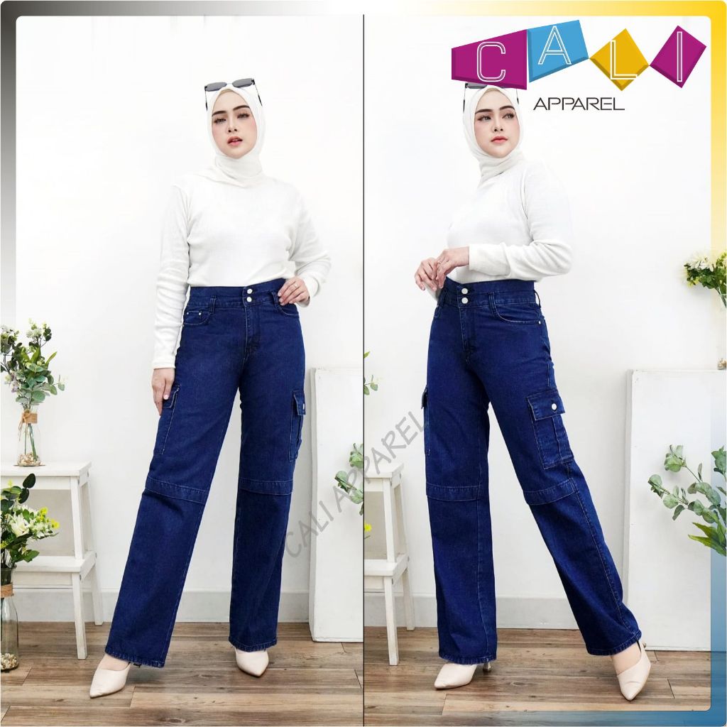 Celana Kargo Jeans Wanita Highwaist Cargo Non Stretch Celana Denim Premium Cewek CALI #3959