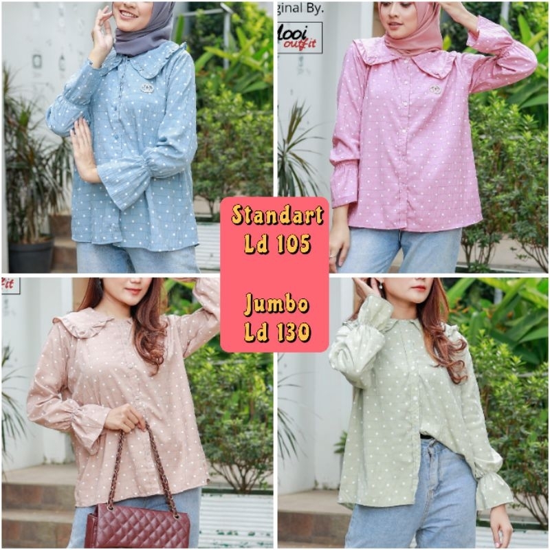 Kemeja Wanita Jumbo Ld 130 Crinkle Motif Polkadot Lengan Panjang