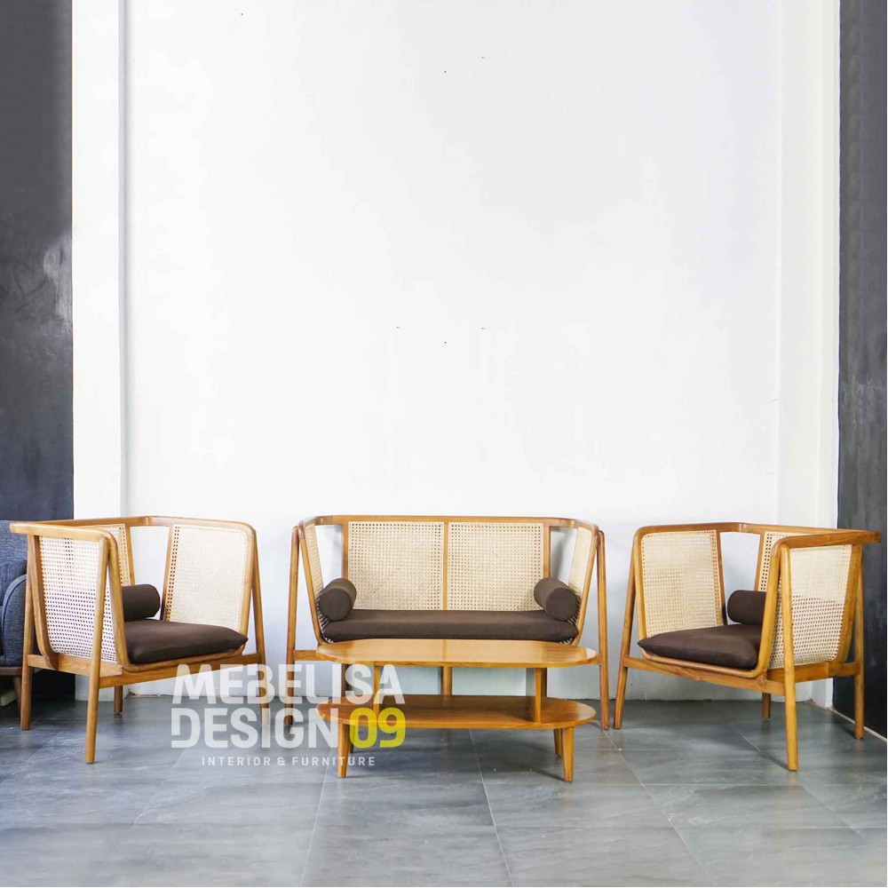 Kursi Sofa Set Meja Ruang Tamu Kombinasi Anyaman Rotan