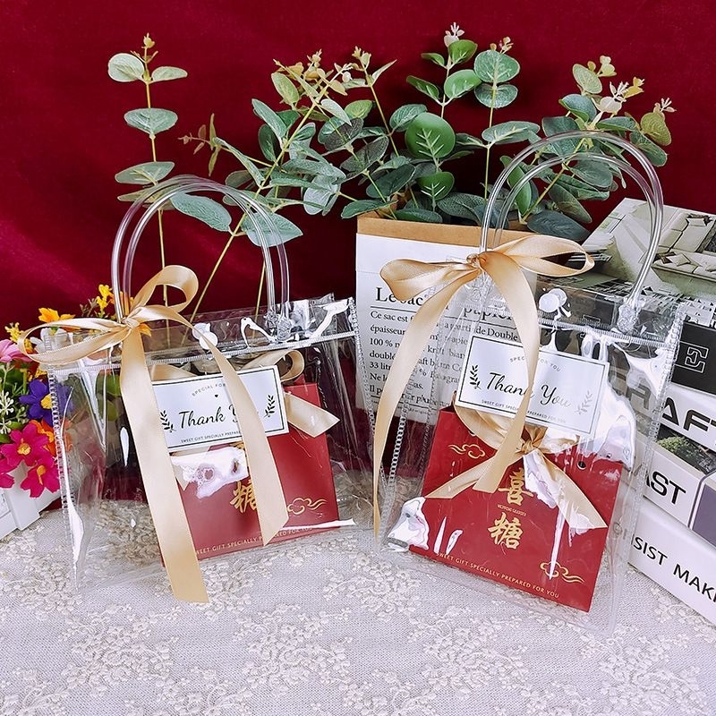 

[Harga 10pcs] Tas Souvenir Hampers 20x8x16 Goodie Bag Ulang Tahun Lebaran Imlek Natal / Tas Mika Kancing PVC Transparan Bening