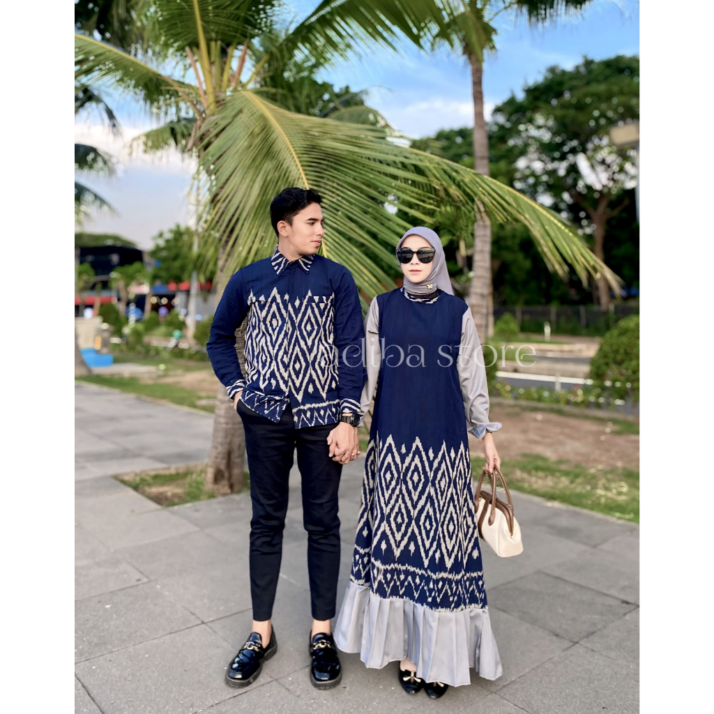 ADIBA - BAJU TENUN COUPLE DRESS KARINA NAVI - BAJU COUPLE KONDANGAN SERAGAM BATIK SARIMBIT KELUARGA