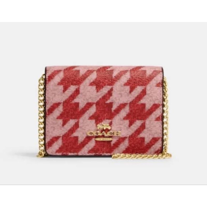 Dompet Coach Authentic Original Houndstooth Mini Wallet on Chain Pink Red s