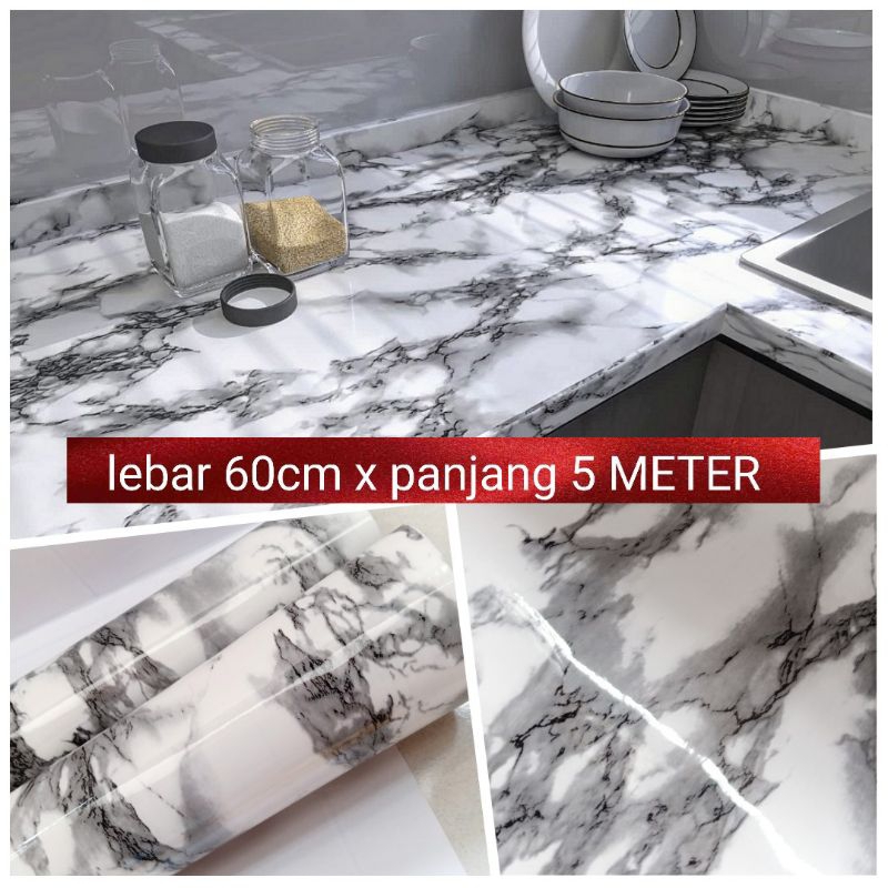 60CM X 5 METER wallpaper sticker glossy marmer abu abstrak lemari perabot rak tv kulkas kompor meja 