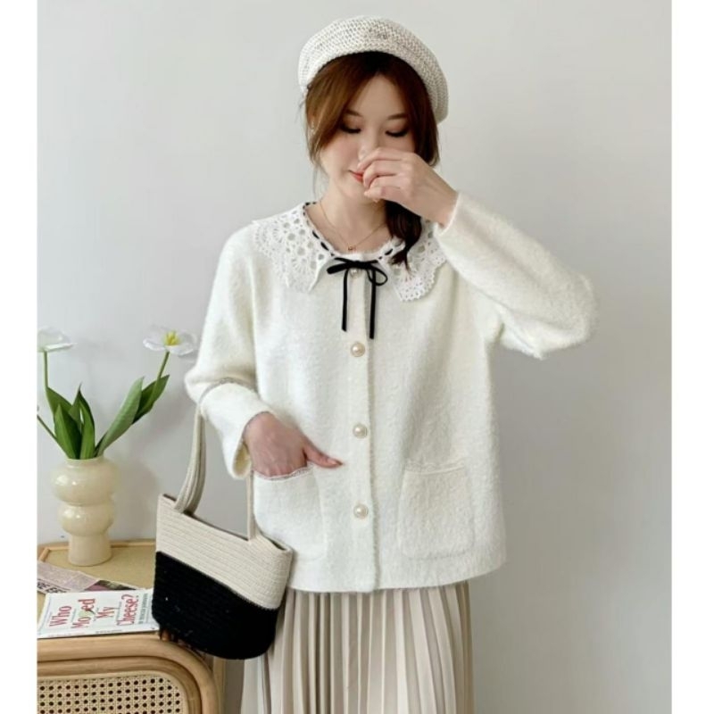 H315 Baju atasan outer luaran LIBBYTA LACE COLLAR FUZZY FUR CARDIGAN rajut bulu Korean style wanita 