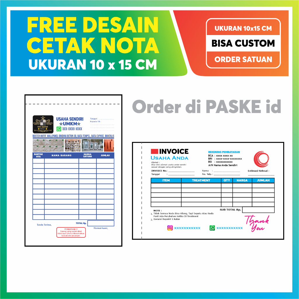 

CETAK (50 SET) NOTA CUSTOM UKURAN 10X15 CM 1/4 FOLIO USAHA SENDIRI BISA UNTUK SURAT JALAN KWITANSI