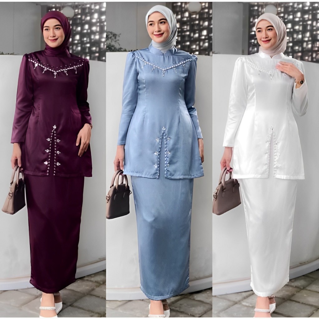 FAYRA Baju Kurung Melayu Malaysia Oneset Kondangan Satin Polos Hiasan Mutiara Dress Pesta Elegan Set