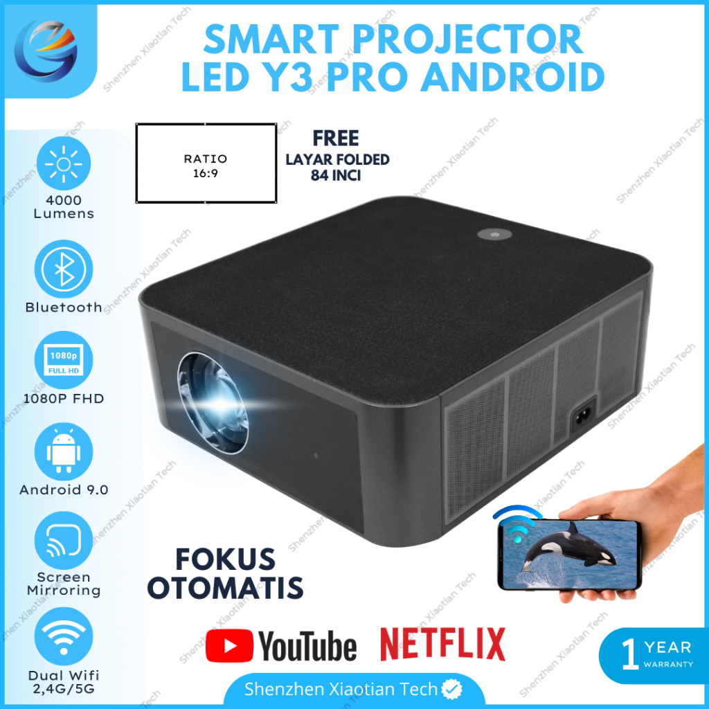 Smart Proyektor Y3 Pro Android Wifi 4000 Lumens | Proyektor Android 4K Full HD | Proyektor 1080P | P